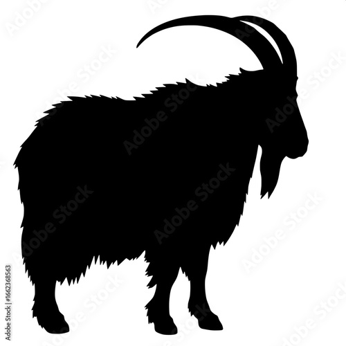 A solid black silhouette of a mountain goat in side view, standing tall with long, backward-curved horns. The figure is slightly off-center against a stark white background. The form is thick and grou