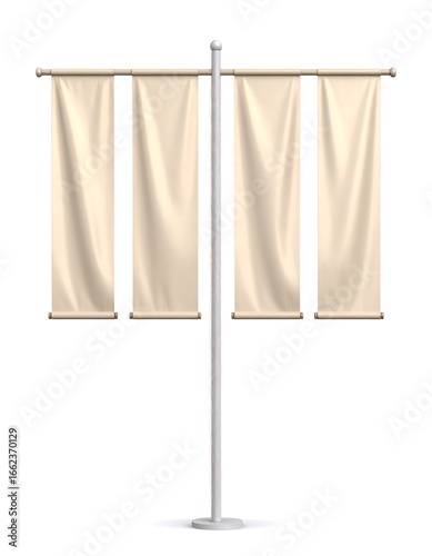 Three cream-colored banners hung from a white pole