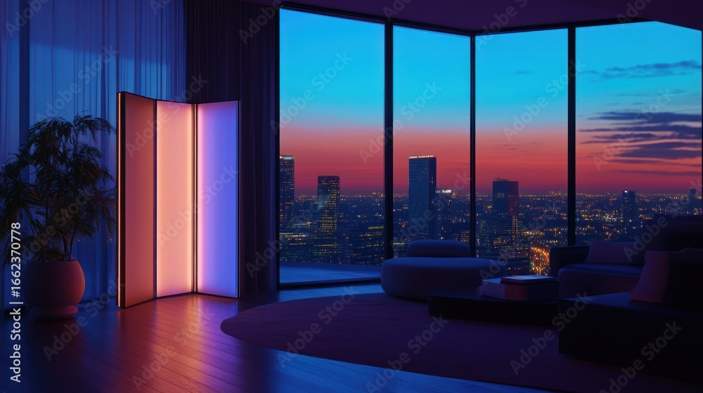 Fototapeta premium Modern, illuminated living room with city views at sunset
