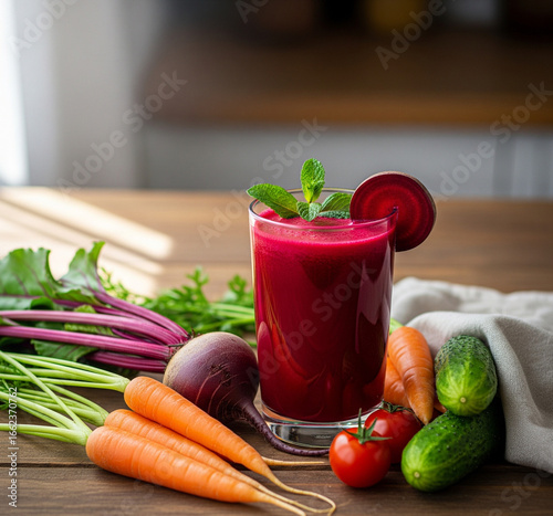 Fresh Healthy Beetroot Vegetable Juice with Ingredients