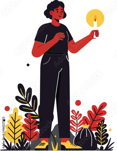 Woman holding lit matchstick standing among colorful autumn leaves vector illustration