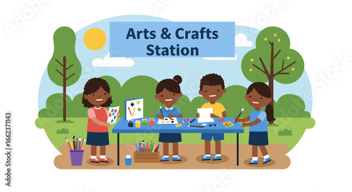 Children engaged in creative activities at arts & crafts station outdoor environment playful atmosphere. Vector illustration