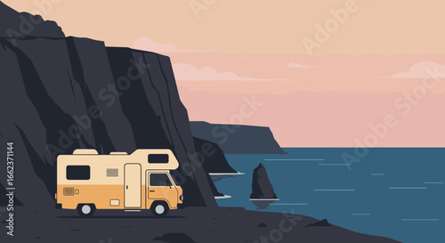 Camping adventure by the ocean scenic cliffside digital art serene environment wide angle outdoor exploration. Vector illustration
