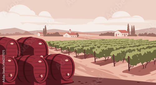Harvesting grapes in a scenic vineyard landscape countryside digital art warm atmosphere aerial view. Vector illustration