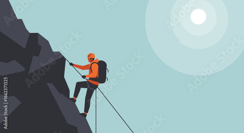 Rock climbing adventure mountain peak digital illustration outdoor side view thrilling experience. Vector illustration