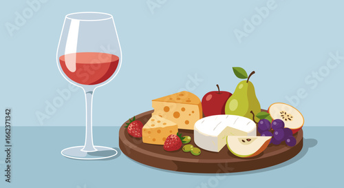 Indulging in a delicious cheese and wine pairing experience at a cozy gathering culinary art relaxed ambiance aesthetic view. Vector illustration