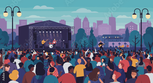 Live music concert celebration urban park digital illustration vibrant atmosphere aerial view community engagement. Vector illustration