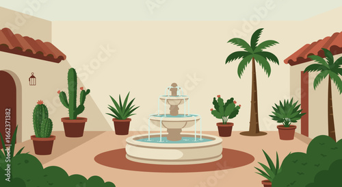 Serene fountain oasis desert courtyard digital illustration tropical plants warm environment tranquility concept. Vector illustration