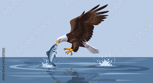 Eagle catching fish ocean surface wildlife photography calm waters aerial perspective nature's power. Vector illustration