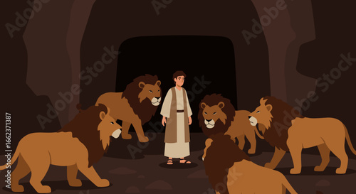 Daniel in the lion's den animated scene of courage and faith biblical story dark cave environment close perspective. Vector illustration