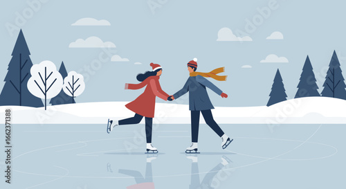 Joyful ice skating couple in winter wonderland digital illustration serene environment playful concept. Vector illustration