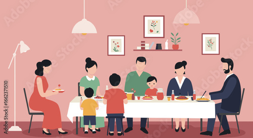 Family dinner gathering cozy home illustration warm atmosphere casual view togetherness and joy. Vector illustration