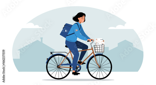 Bicycle delivery action urban area digital illustration daytime side view community engagement. Vector illustration