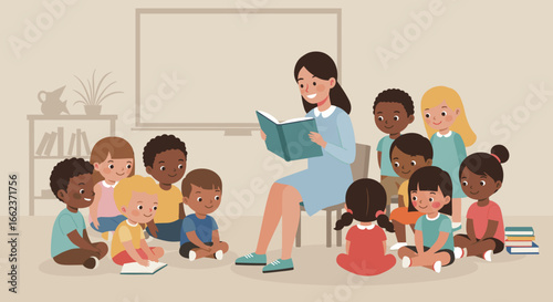 Storytelling session with children classroom illustration warm environment engaging viewpoint learning concept. Vector illustration