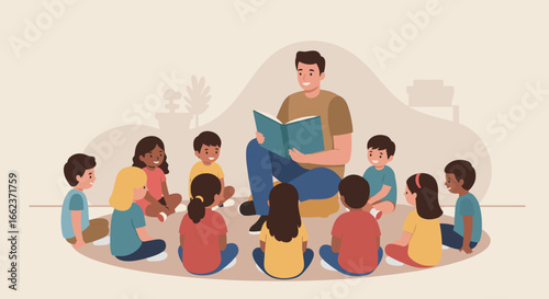 Storytelling session for children classroom illustration cozy environment engaging viewpoint. Vector illustration
