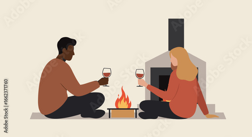 Cozy evening wine toast living room digital illustration warm ambiance side view romantic connection. Vector illustration