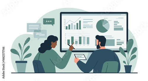 Data analysis meeting office digital presentation collaborative environment teamwork concept. Vector illustration
