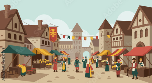 Vibrant marketplace scene medieval town illustration open air wide angle community and culture. Vector illustration