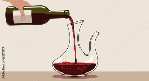 Pouring red wine into a decanter home kitchen beverage preparation elegant setting close-up view wine appreciation. Vector illustration