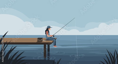 Fishing adventure serene lake dock digital artwork tranquil waters side view leisure concept. Vector illustration