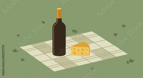 Picnic setup with wine and cheese outdoor greenery illustration relaxing atmosphere aerial perspective leisure concept. Vector illustration