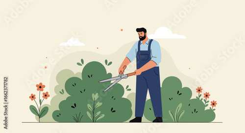 Gardening pruning techniques backyard illustration peaceful eye-level plant care essentials. Vector illustration