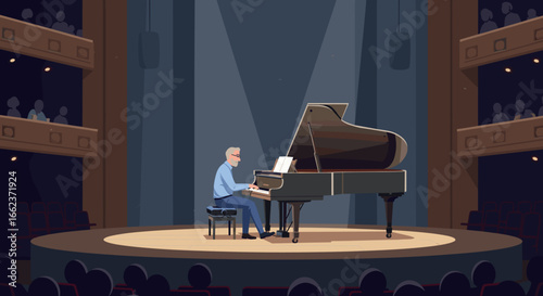 Piano performance by musician concert hall animation theatrical setting front view artistic expression. Vector illustration
