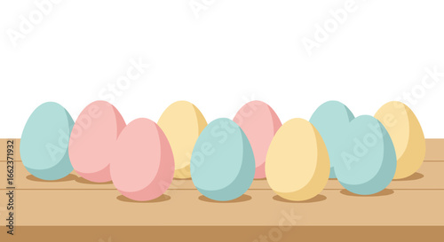 Colorful easter eggs displayed on wooden table spring celebration digital illustration bright and cheerful environment top view. Vector illustration