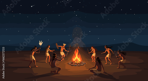 Cultural celebration around a campfire desert night illustration starry sky group of people tradition and ritual. Vector illustration