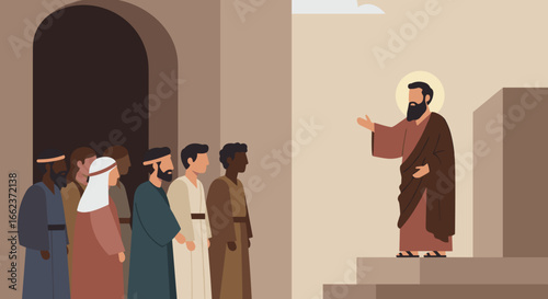 Religious teaching event ancient jerusalem illustrated scene spiritual environment elevated viewpoint. Vector illustration