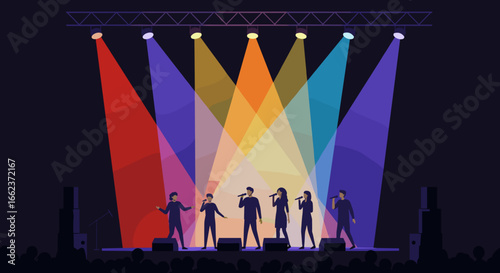 Live music performance by singers on stage with colorful lighting concert hall digital illustration nighttime atmosphere. Vector illustration