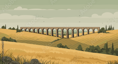 Exploring historical aqueducts in serene landscapes italy digital illustration rural setting artistic perspective. Vector illustration