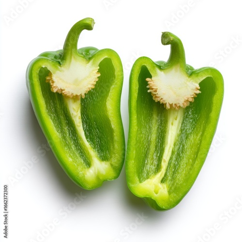 A vibrant green pepper cut open to reveal its inner details, highlighting the freshness and natural beauty of this versatile vegetable.