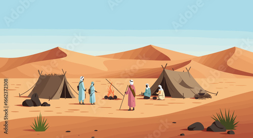 Desert settlement gathering remote sand dunes illustration warm environment ground level view cultural exchange. Vector illustration