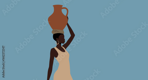 Cultural woman carrying water jug urban setting illustration minimalist view empowerment concept. Vector illustration