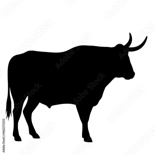 A solid black silhouette of a bull, facing right, its horns curved sharply upward. The bull has a broad, heavy body, shown in clean outline against a white background. The atmosphere is neutral and di