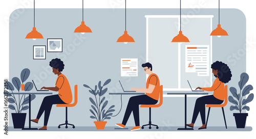 Collaborative workspace event professionals working in a modern office environment. Vector illustration