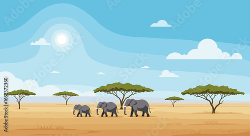 Elephants walking in the savanna africa digital artwork sunny environment wide viewpoint nature exploration. Vector illustration