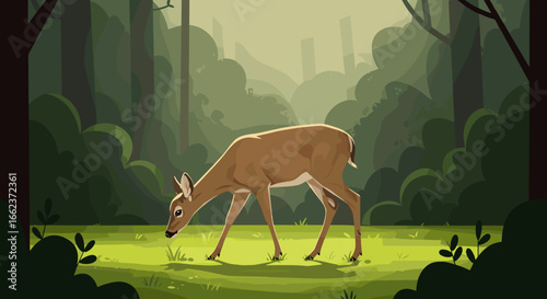 Deer grazing in lush forest clearing nature scene animated art serene environment close-up view. Vector illustration