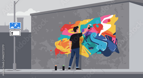 Street artist creating vibrant mural in urban environment graffiti art cityscape daytime creative expression. Vector illustration
