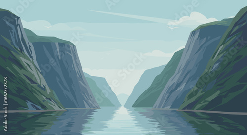 Exploring the tranquil fjord landscape norway digital art serene water reflections aerial view nature's beauty. Vector illustration