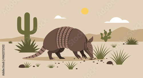 Armored armadillo foraging in desert landscape nature illustration sunny environment wildlife concept. Vector illustration