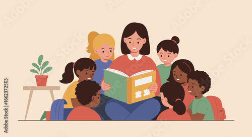 Engaging storytime session with children classroom illustration cozy environment close-up view early education concept. Vector illustration