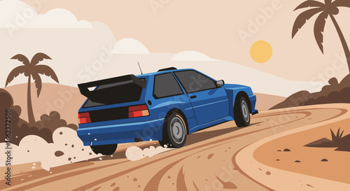 Car racing adventure in desert landscape digital art vibrant environment dynamic viewpoint thrilling concept. Vector illustration