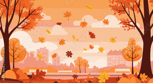 Autumn leaves falling in a park urban landscape digital art serene atmosphere vibrant colors. Vector illustration