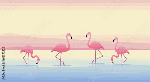 Flamingo flock foraging in tranquil waters coastal landscape digital illustration serene environment birdwatching perspective. Vector illustration