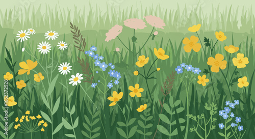 Vibrant wildflower display meadow digital art serene environment close-up view nature's beauty. Vector illustration