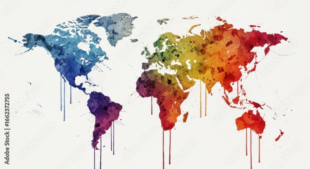 Fototapeta premium Global perspectives through watercolor rendering showcasing world regions