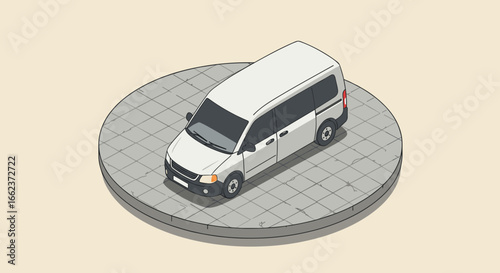 White minivan displayed on circular platform in urban environment isometric view for vehicle showcase. Vector illustration