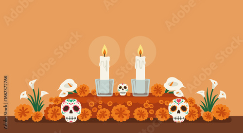 Celebrating dia de los muertos with colorful altars mexico digital artwork vibrant environment artistic viewpoint. Vector illustration